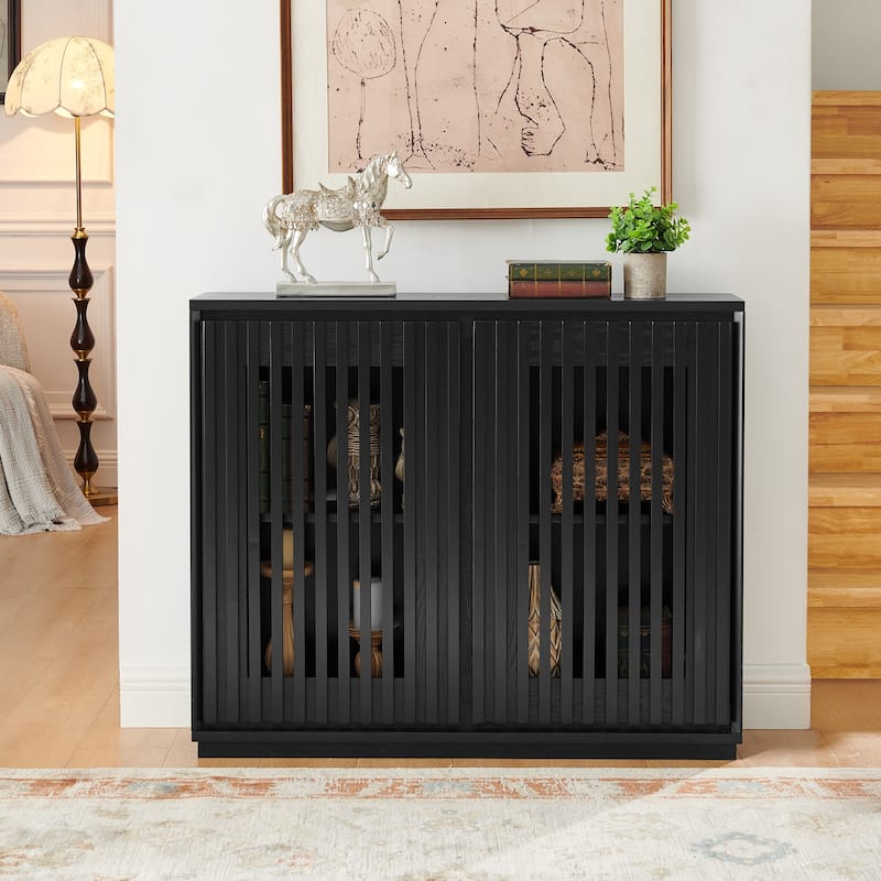 Modern Fluted Hollowed Out Sideboard Cabinet with 2 Outlet Holes, Buffet Cabinet with Storage, Storage Cabinet for Living Room - Black