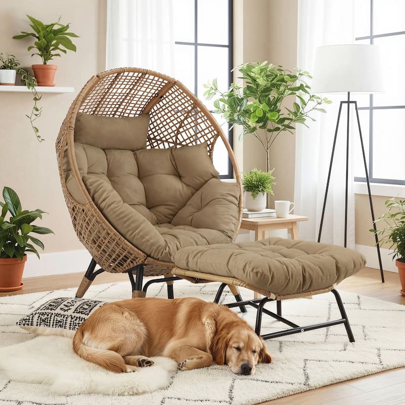 Wicker Egg Chair with Ottoman, 6.5" Cushions, 440 lb Capacity, Indoor/Outdoor Lounge Chair - 1 PC-Brown