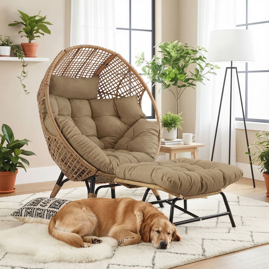 Wicker Egg Chair with Ottoman, 6.5" Cushions, 440 lb Capacity, Indoor/Outdoor Lounge Chair