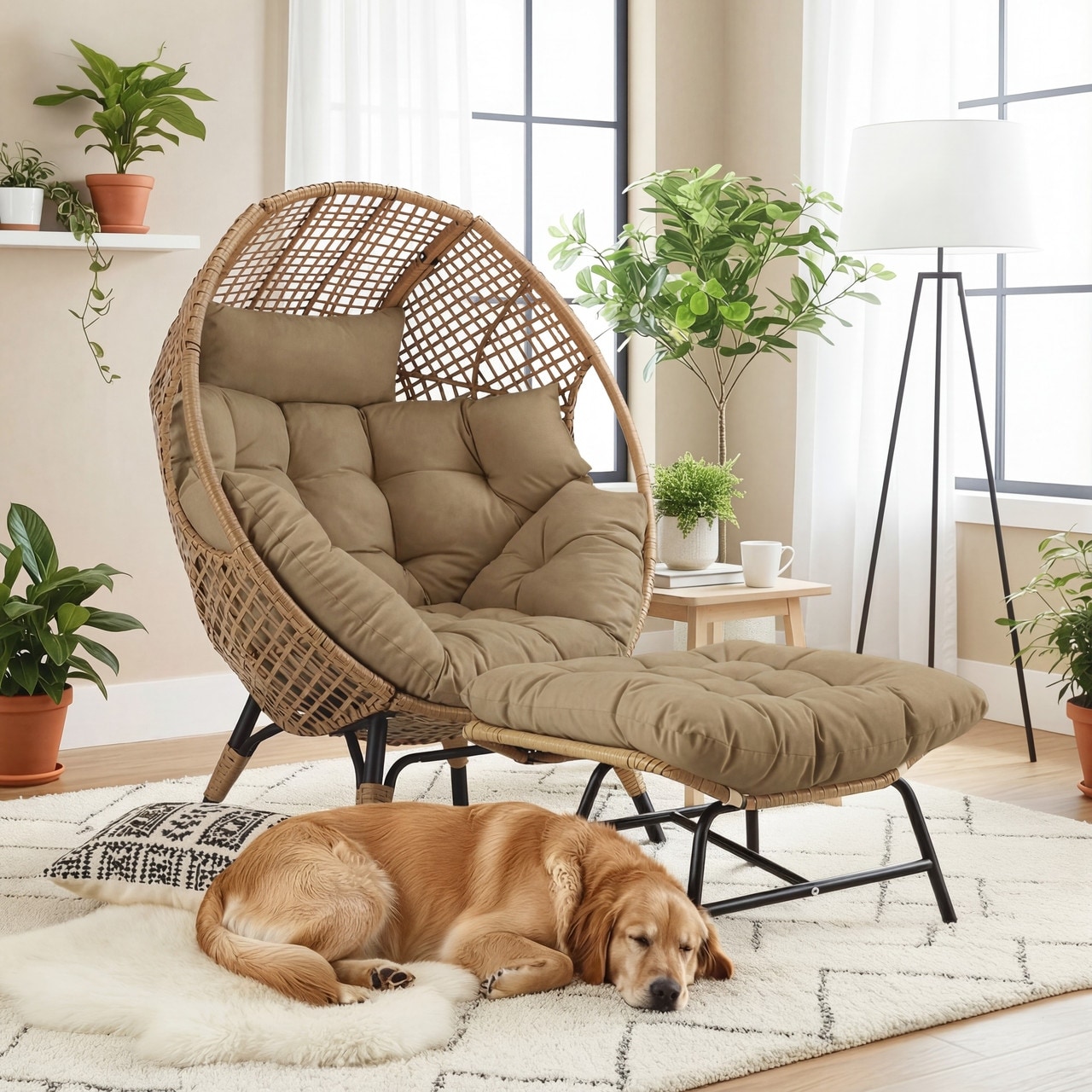 Indoor/Outdoor Wicker Egg Chair Set with Ottoman and Cushions Accent Lounge Chair