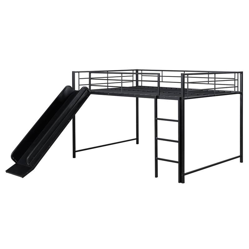 Twin over Twin / Full over Full Size Metal Bunk Bed with Slide and Ladder, Kids Bed Frame with Guardrails and Small Gate