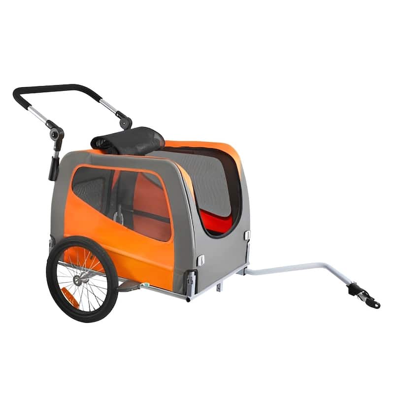 Orange-Grey Steel Pet Stroller Trailer, 2-in-1, Foldable, 66lb Max Capacity - 30.1" L x 21" W x 20.8" H