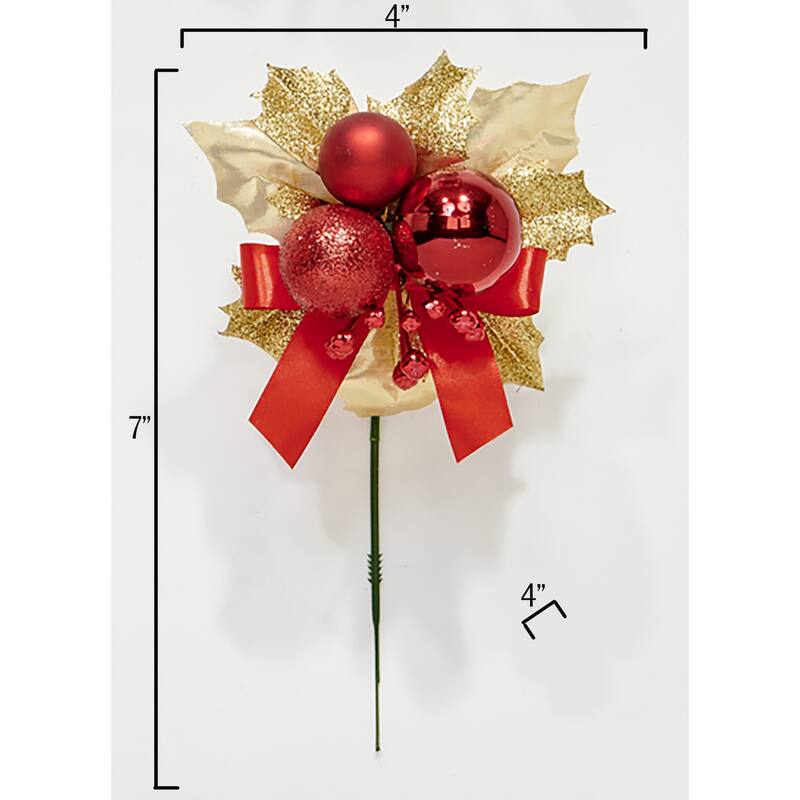 7" Christmas Ball Berry Leaves Pick, Red, Set of 12 - 7