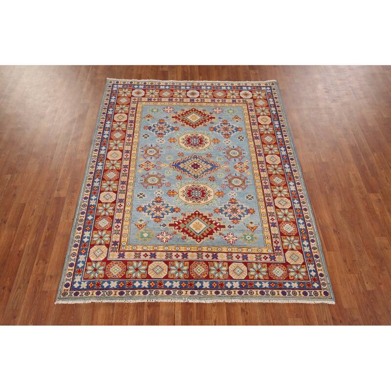 Light Blue Kazak Area Rug Handmade Bedroom Wool Carpet - 5'3" x 6'9"