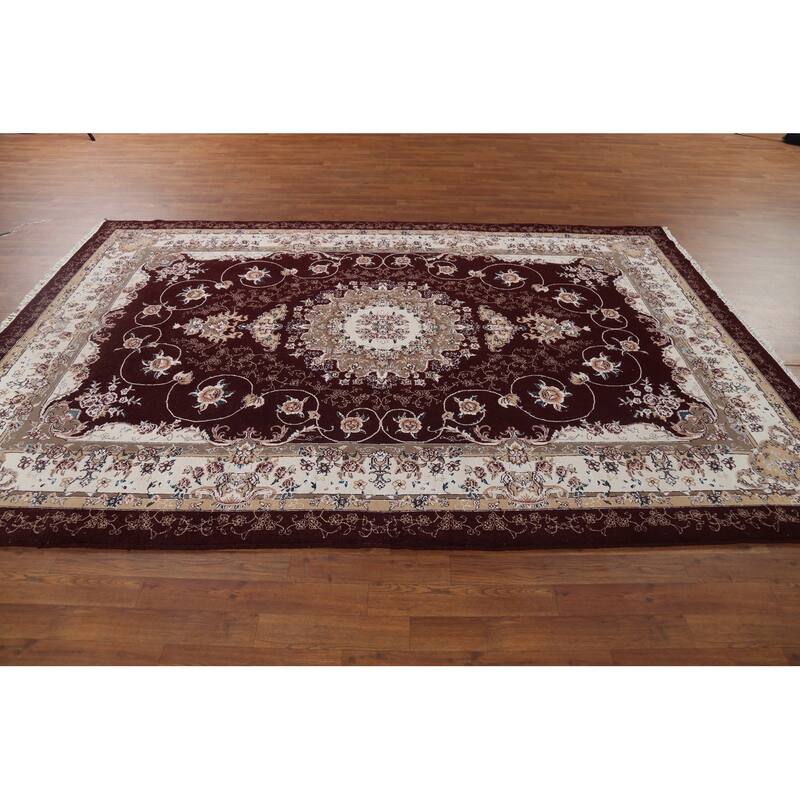 Burgundy Red Floral Aubusson Area Rug Machine Made Carpet - 6'6" x 9'10"