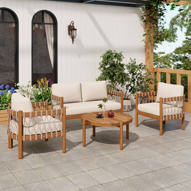 Scott Living Coastal Haven 4-Piece Outdoor Seating Set with Coffee Table Aacia Wood with Beige Cushions - Multi Brown+Beigecushion