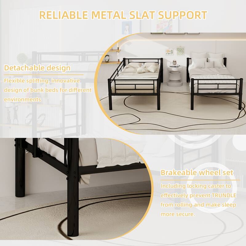 Twin Over Twin Metal Bunk Bed for Kids Boys Girls, Metal Structure Bedframe with Ladders & Guardrail, Convertible 2 Beds