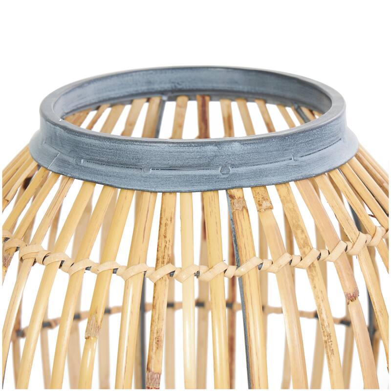 Brown Bamboo Wood Handmade Open Frame Decorative Vase with Blue Metal Accents