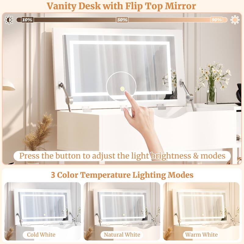 Flip Top Vanity Desk with LED Mirror and Charging Station, Modern Makeup Table with Hiden Storage