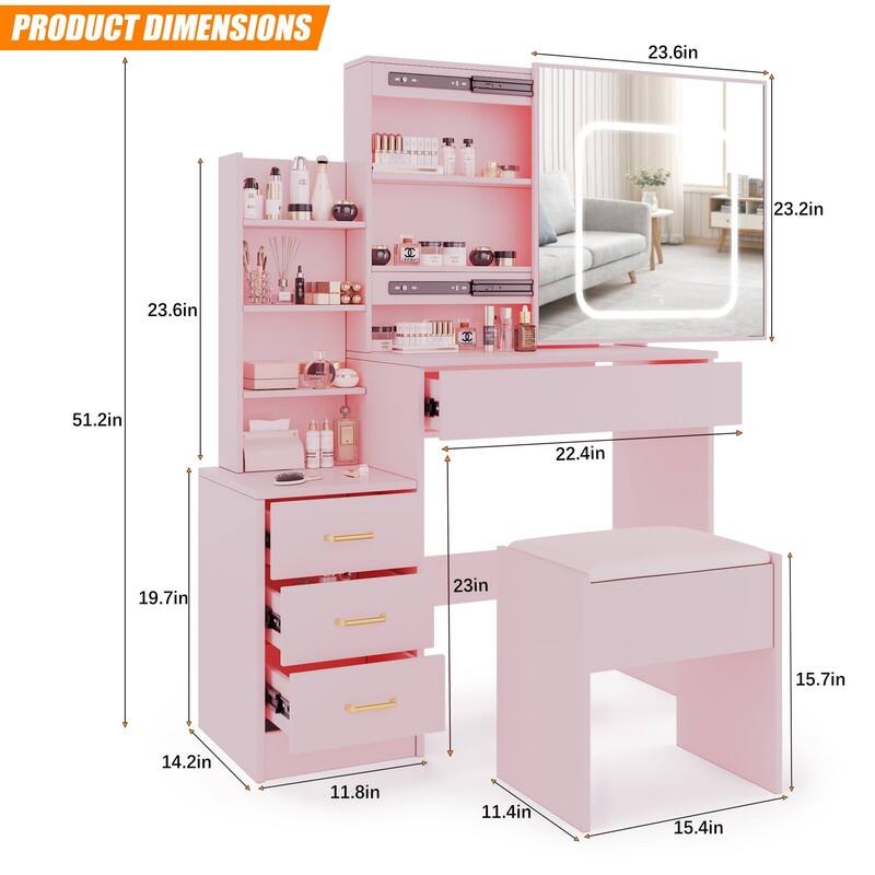 Vanity Desk with Sliding Mirror, Charging Station, 4 Drawers, Shelves, Stool