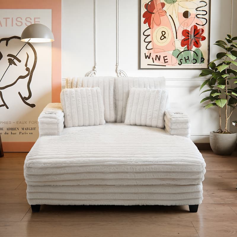 Modern Cream Faux Rabbit Fur Single Chaise Lounge with 2 Cup Holders, 2 Pillows & Solid Wood Frame, Cozy Daybed Sofa Chair