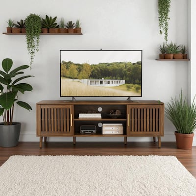 63" Walnut Media Console with 2 Grille Doors, Soft-Close Hinges, Adjustable Storage, Fits TVs up to 70", Farmhouse TV Cabinet