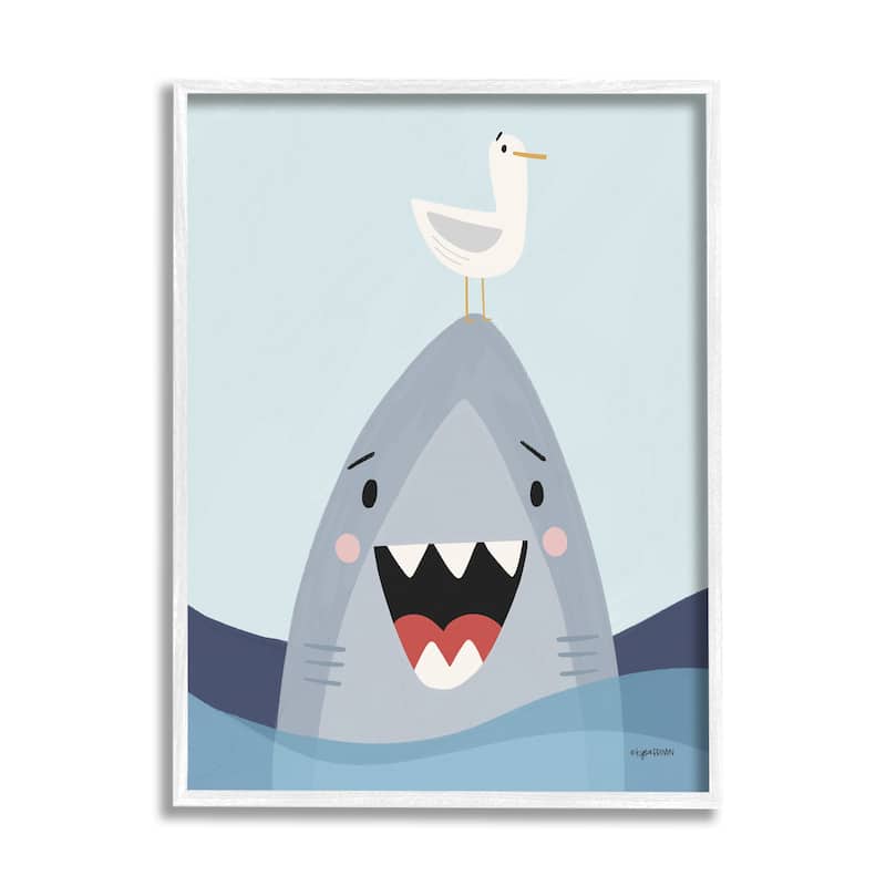 Stupell Quirky Smiling Shark Seagull Nautical Ocean Waves Framed Wall Art - Grey