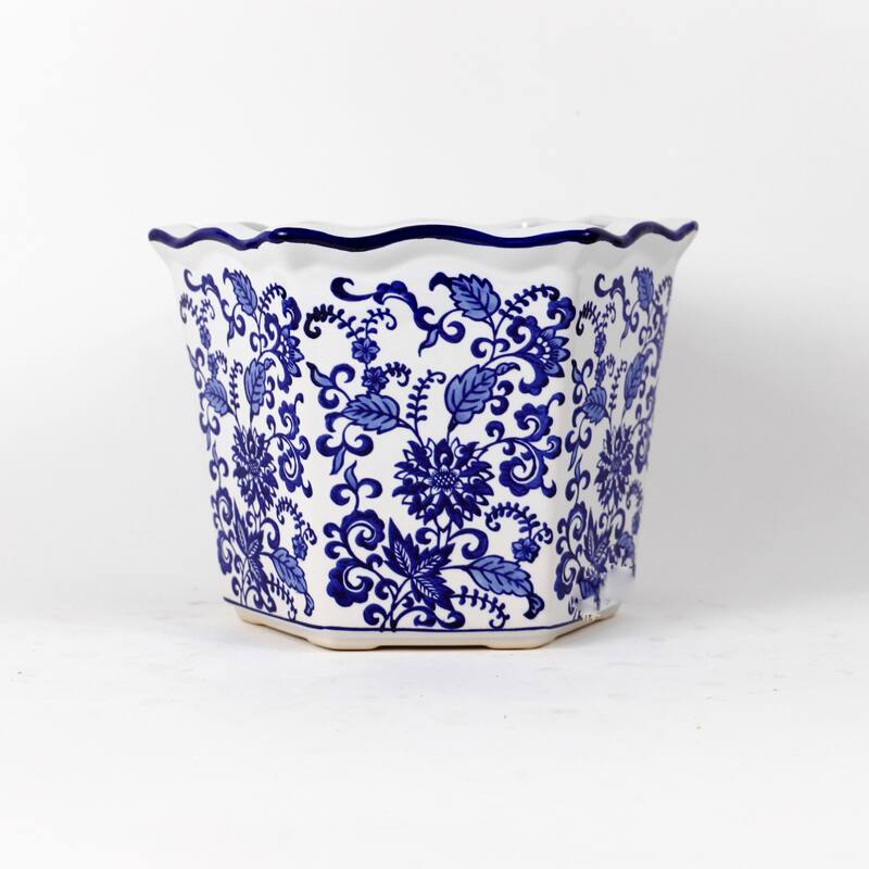 Euro Ceramica Blue and White Ceramic 3 Piece Chinoiserie Garden Planter Set - Set of 3