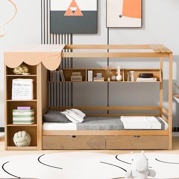 slide 2 of 63, Twin size House Bed with Two Drawers and Wardrobe Natural