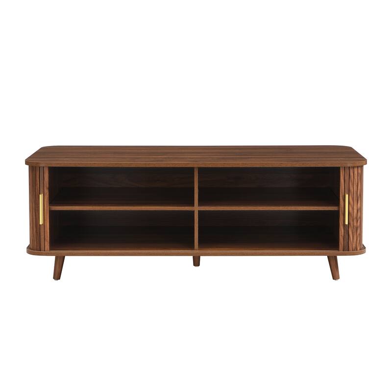 Aron Mid-Century Modern Coffee Table with Semi-Open Tambour Doors and 4 Hidden Storage Compartments, 47.24"
