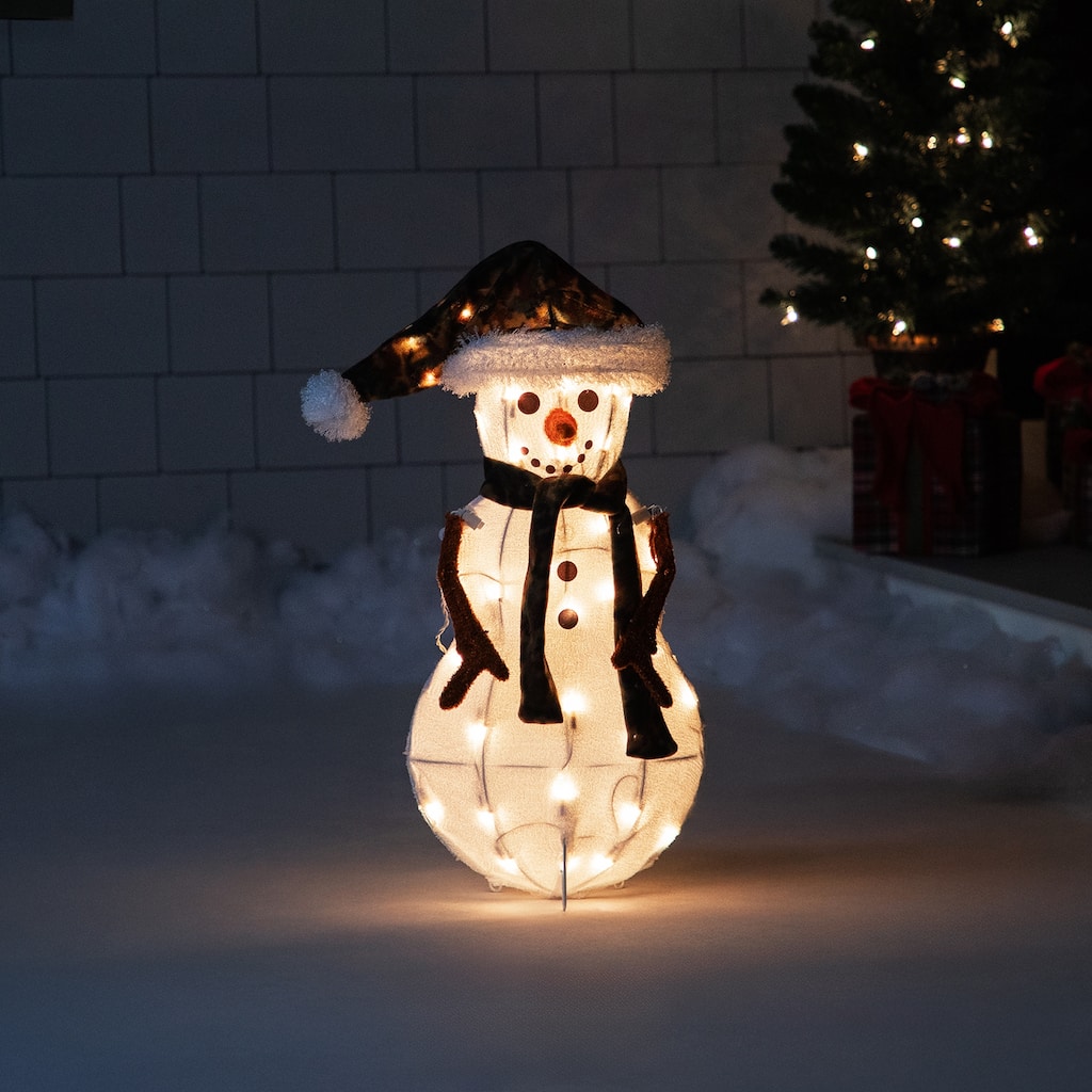 24" Lighted White Green Chenille Snowman Outdoor Christmas Decoration