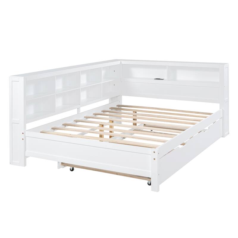 Full Bookcase Bed Daybed Bed Frame with 12 Storage Shelf and Twin Size Trundle & Charging Station (No Box Spring Needed), White