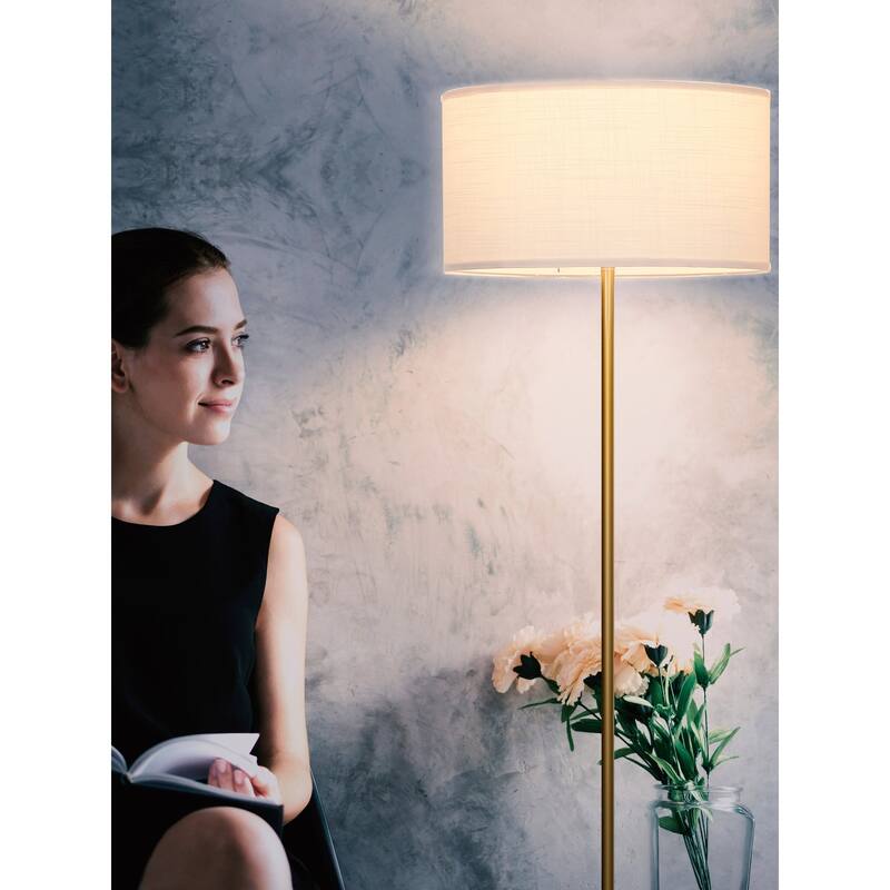 Brightech Quinn 60 in. Antique Brass Mid-Century Modern LED Super Bright Floor Lamp with White Fabric Drum Shade