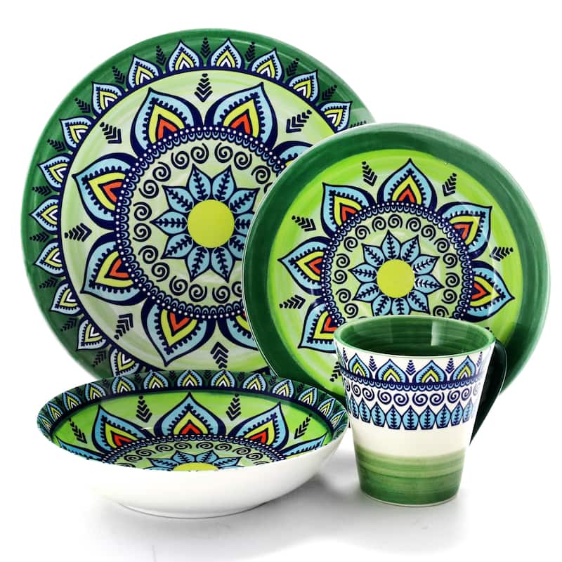 Intricate Floral Pattern Round Stoneware Dinnerware Set in Moss 16 Pieces