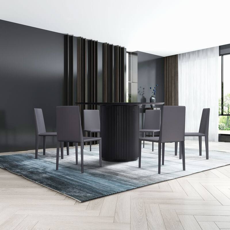 Modern Black Gray 4-6 People Round Dining Table with Roman Columns for Dining Room
