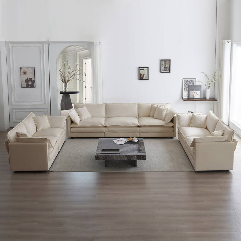 Roomfitters 3-Piece Oversized Modular Sofa Set, One 3-Seater & Two 2-Seater Deep Seat Chenille Couches - Beige