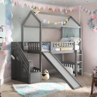Twin Loft Bed with Two Drawers and Slide - White House Bed with Storage ...