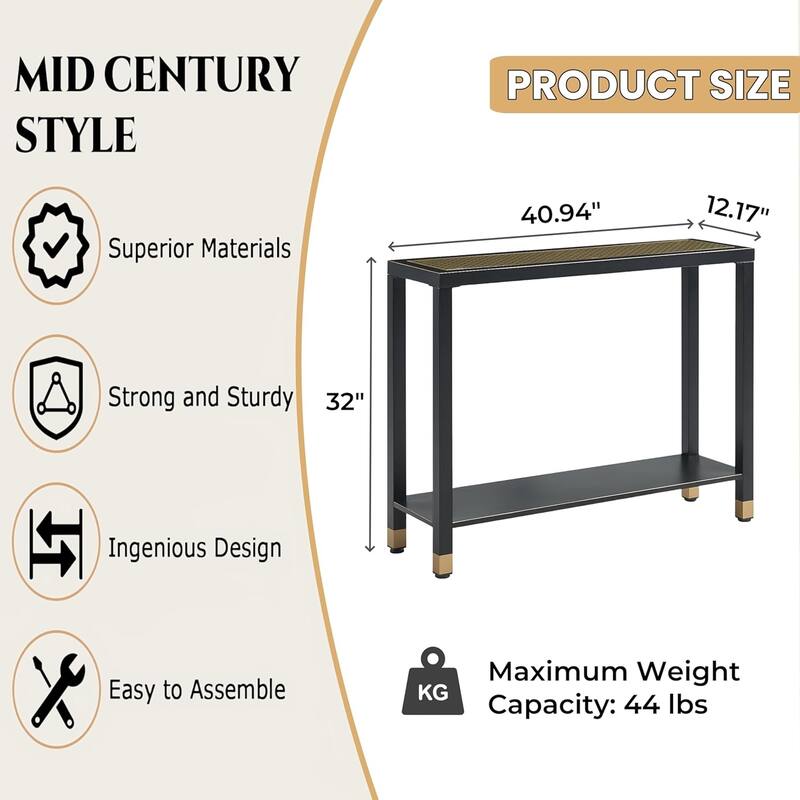 Glass Entryway Table, 2-Tier Entry Way Console Entrance Table, 41"L Narrow Sofa Table with Shelves, for Hallway, Entryway