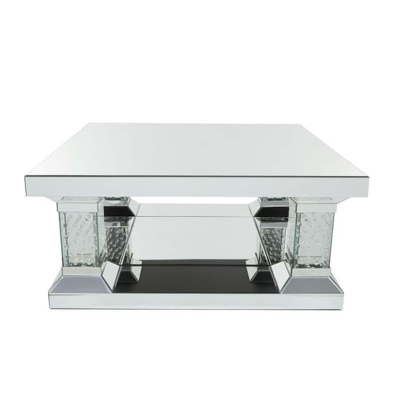Glass Mirrored Coffee Table with Crystal Embellishments - Silver - Roche River Decor