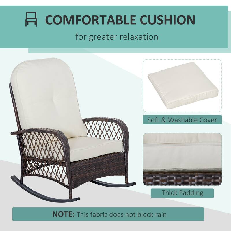 Outsunny Outdoor Wicker Rocking Chair with Wide Seat, Thick, Soft Cushion, Rattan Rocker w/Steel Frame, High Weight Capacity