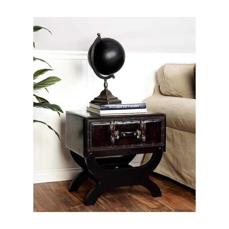 Vintage Wood Leatherette Suitcase Accent Table - Brown - Leather