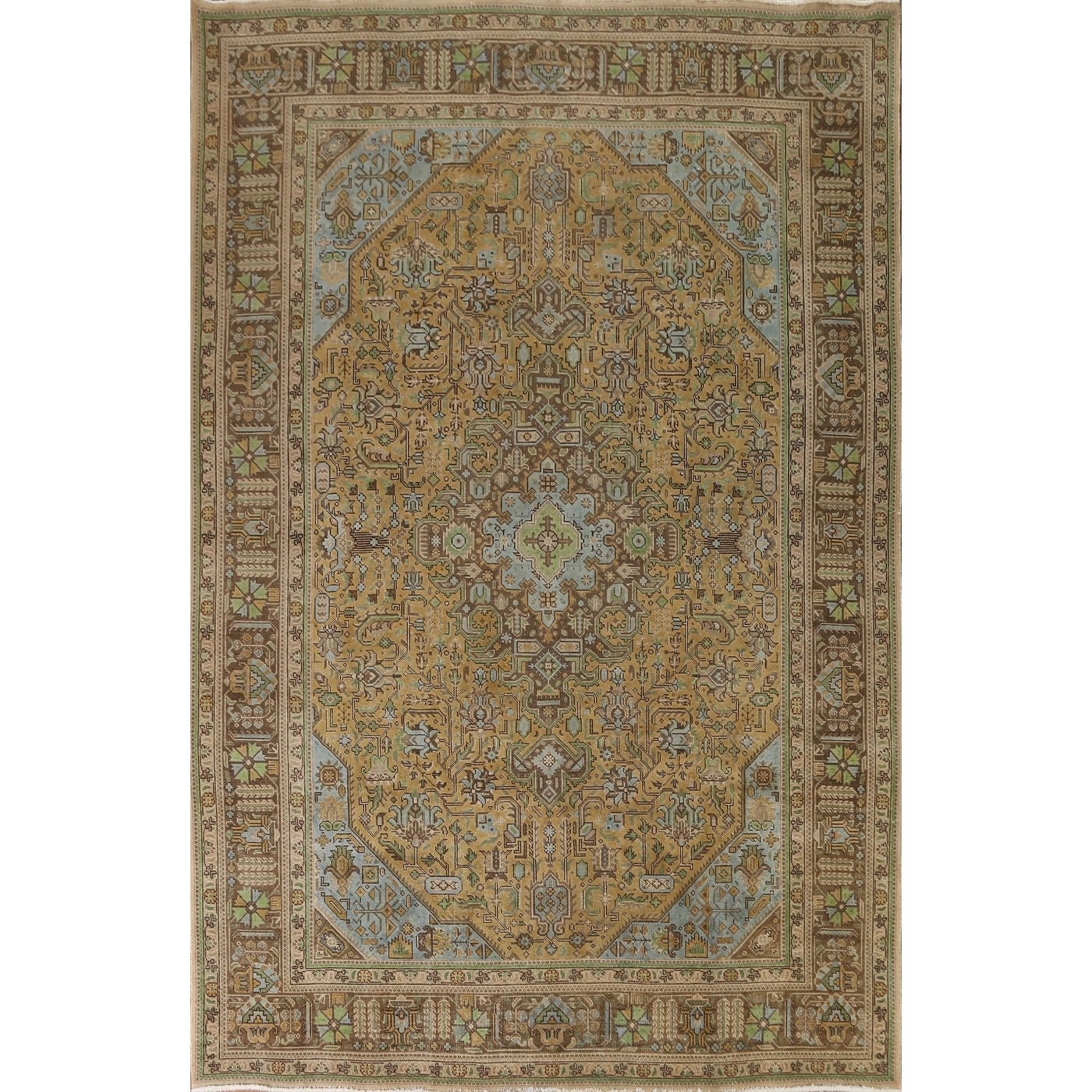 Vintage Over-Dyed Tabriz Persian Area Rug Hand-Knotted Wool Carpet - 7'10 x 10'10 - Gold/ Brown/ Light Blue