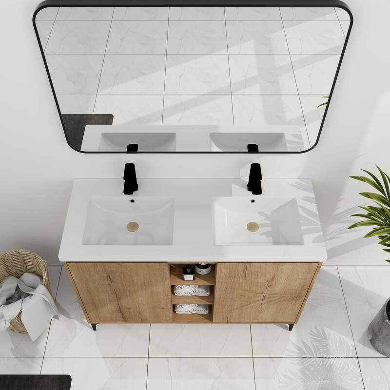 Freestanding Bathroom Vanity with Double Resin Sink, Soft-Closing Doors, Adjustable Shelves - 47.6in L Plywood
