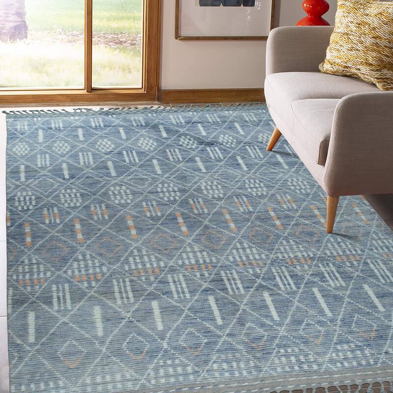 Home Decor Blue Hand-Knotted Wool Contemporary Marrakech Handspun Area Rug Stylish and Elegant Rug for Living Room, Bedroom, Off