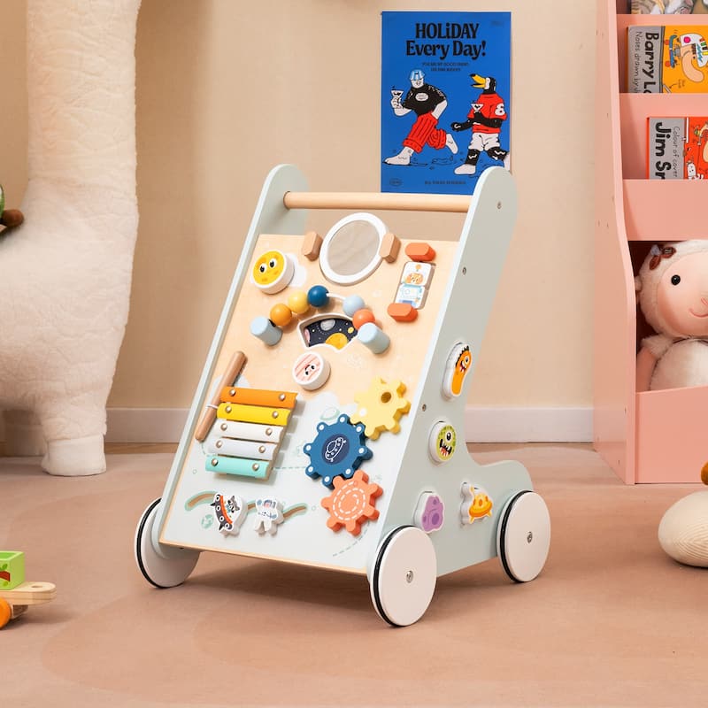 Green MDF Space-Themed Baby Walker with 8-in-1 Activity - 14" L x 13" W x 18.5" H