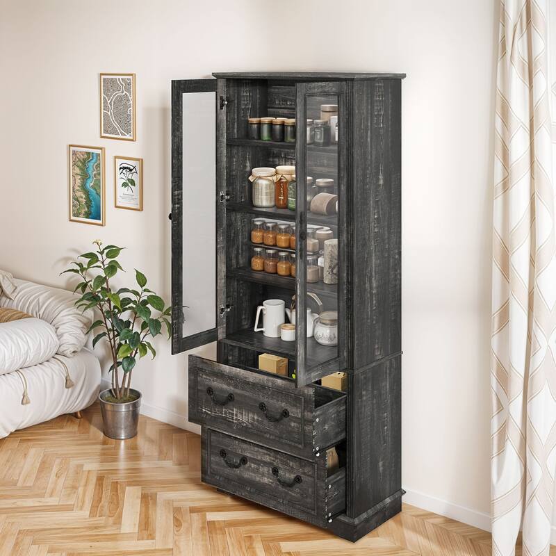 76" Tall Display Cabinet with Glass Doors Bookcase Accent Living Room Hallway