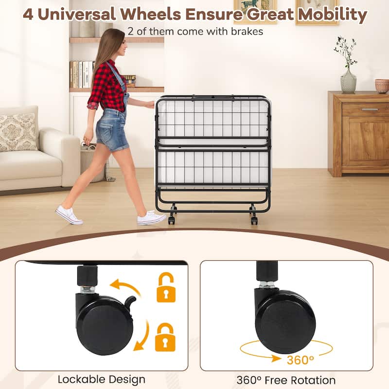Twin Size Folding Metal Frame Rollaway Bed with Mattress and Pillow on Wheels for Bedroom