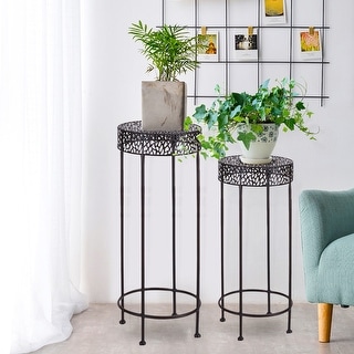 Adeco Potted Plant Stand Round Iron Floor Flower Rack Set Of 2 - Bed 