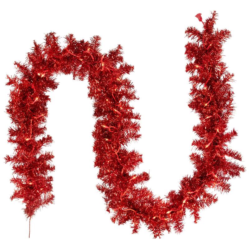 Pre-Lit Tinsel Artificial Christmas Garland - 9' x 8" - Red - Clear Lights