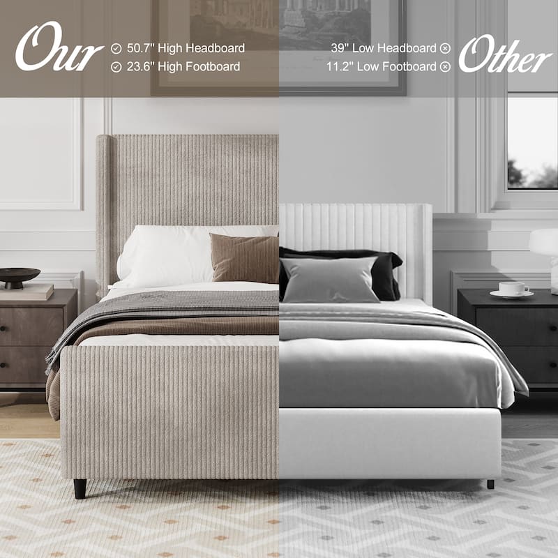 King Size Corduroy Upholstered Platform Bed with Vertical Stripe Wingback and High Footboard