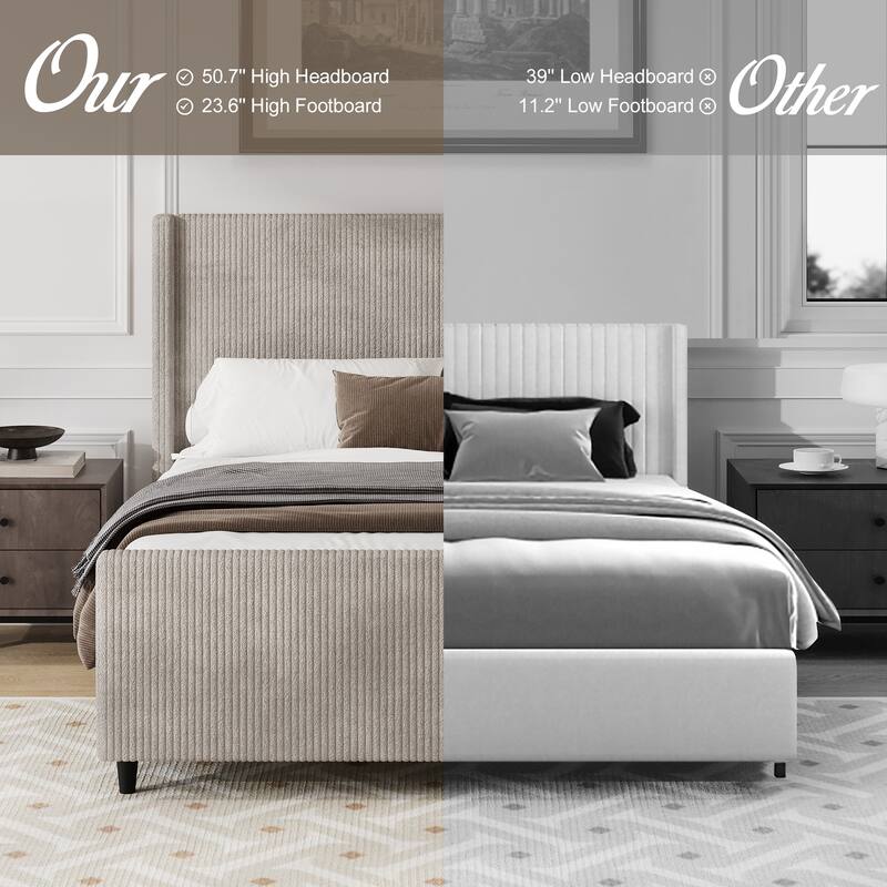 Queen Size Platform Bed Vertical Stripe Wingback Bed Taupe Corduroy Upholstered Frame Low Profile Slat Bed with Footboard