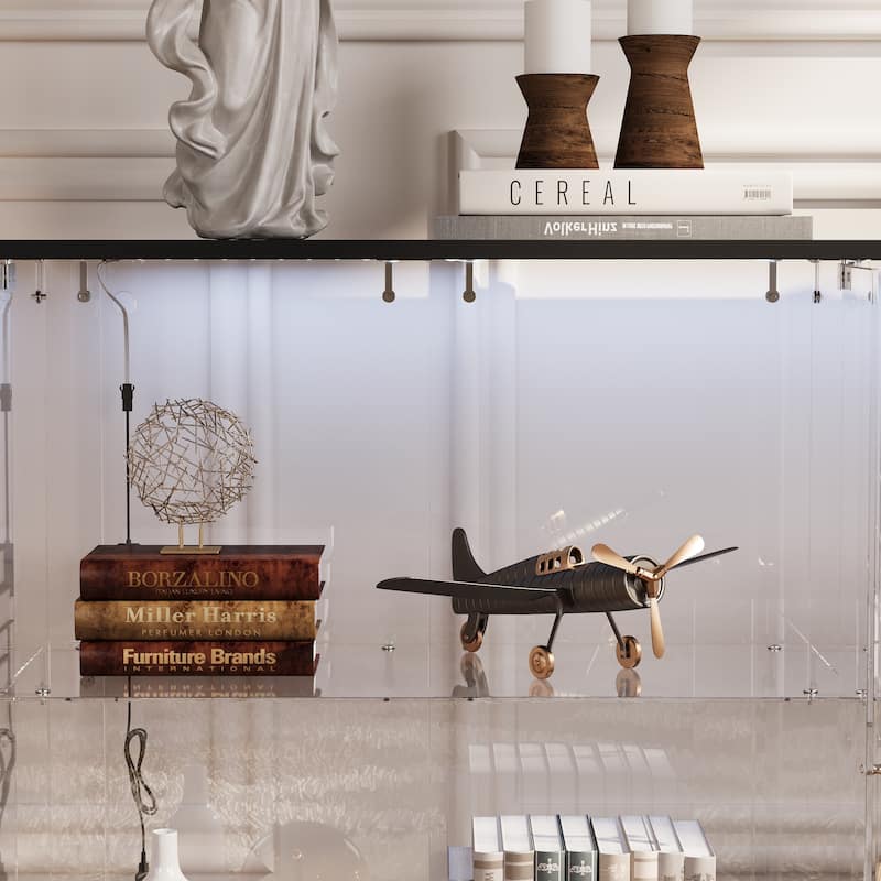 Black Bookcase Glass Display Cabinet with LED Lights, Modern Storage Showcase for Bags, Shoes, Liquor & Collectibles