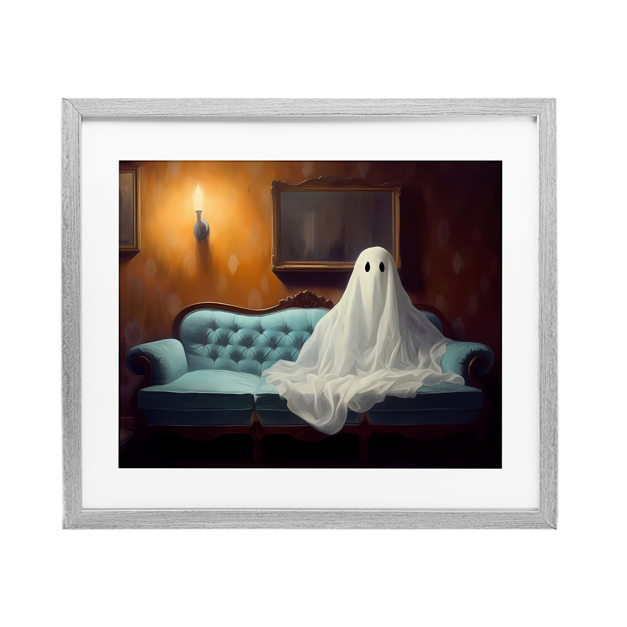 Stupell Ghost on Spooky Blue Couch Under Glass Framed Design By LSR Design Studio