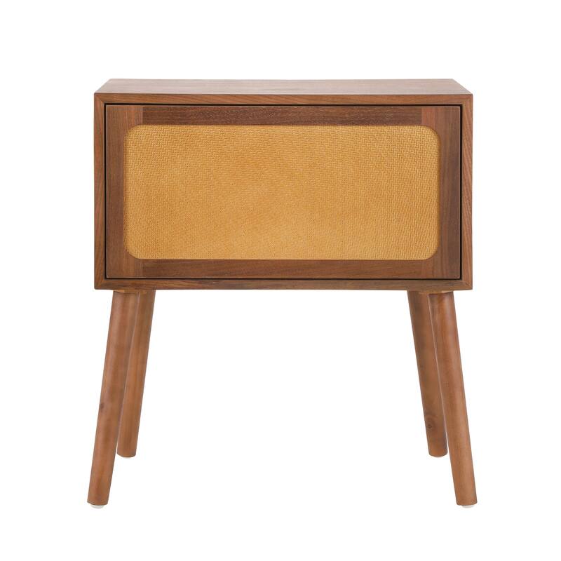 Mid-Century Modern Rotating Hidden Compartment Rattan Nightstand - Walnut