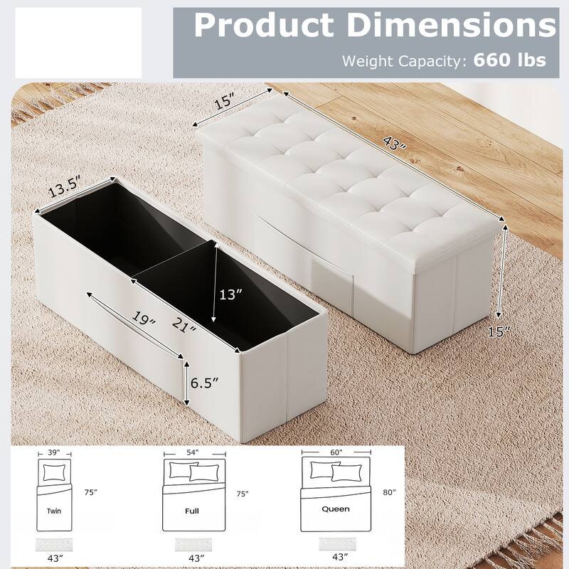43 Inch PU Leather Storage Ottoman Bench with 38 Gallon Capacity Removable Divider and Foam Cushion for Living Room Entryway