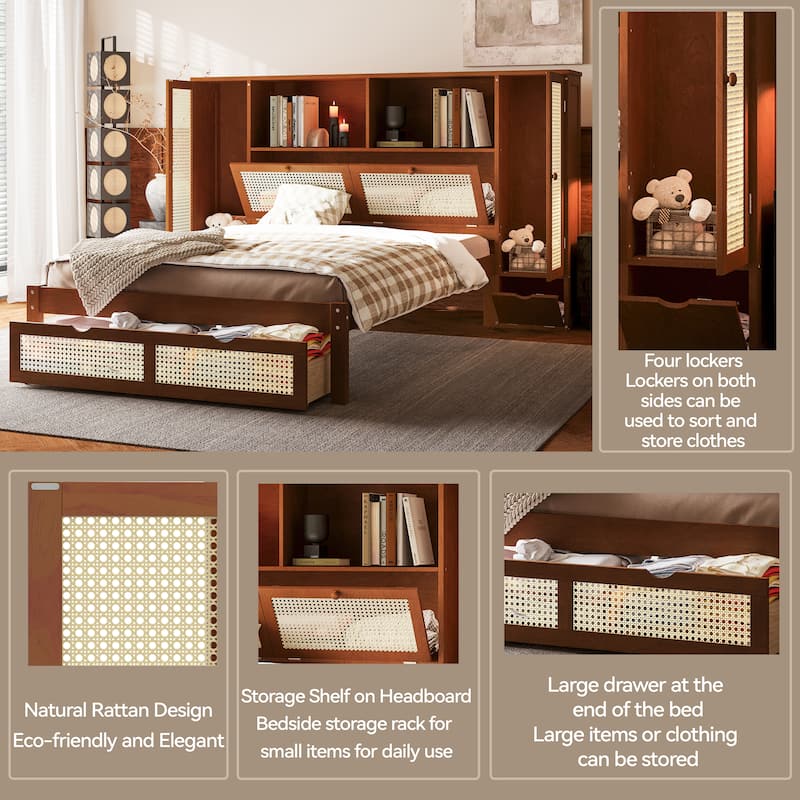 Rattan Panel Bed Frame Wooden Platform Bed with 2 Storage Lockers, Storage Shelf on Headboard, Footboard with Storage Drawer