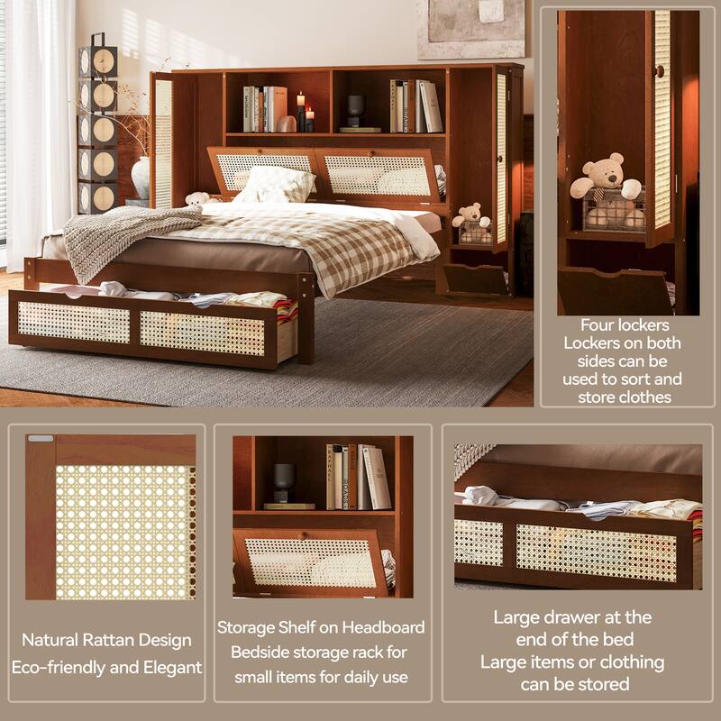 Twin Size Wooden Bed w/ 2 Storage Lockers, Drawer & Storage Shelf on Headboard, Multifunctional Platform Bed, Walnut
