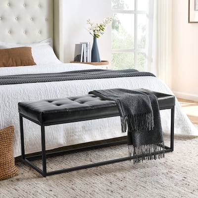 Glitzhome 45"W Modern Black Tufted Upholstered Bench with Metal Frame Legs - 45"W x 19"H x 17.5"D