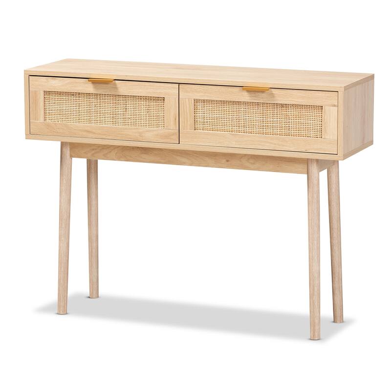 Baird Light Oak Brown Finished Wood and Rattan 2-Drawer Console Table - Oak