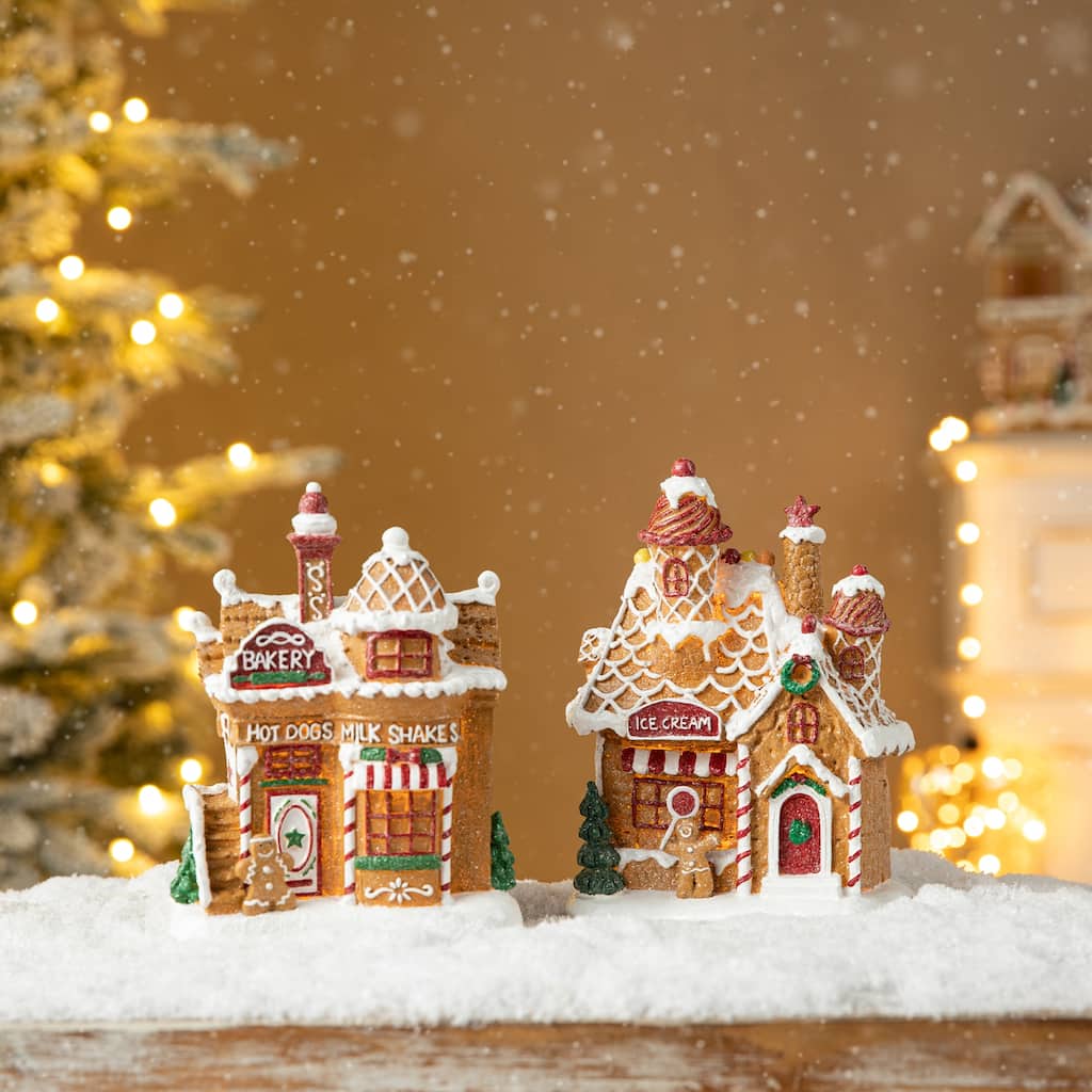 Glitzhome 7.25"H Set of 2 Lighted Resin Christmas Gingerbread House Table Decor